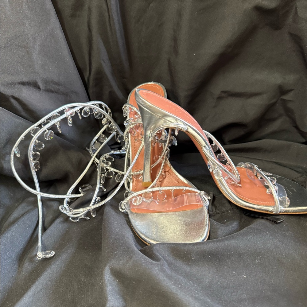 Amina Muaddi Silver Stiletto Heels with Transparent Straps